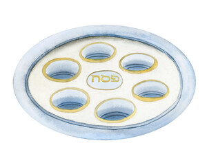 Watercolor round blue Passover Seder plate for Pesach dinner, empty plate for traditional Jewish holiday food