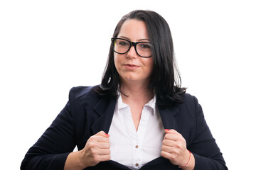 Proud female entrepreneur revealing white shirt as hero concept