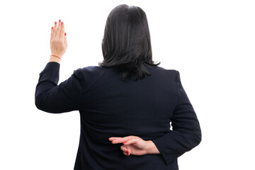 Female entrepreneur making dishonest gesture fingers crossed