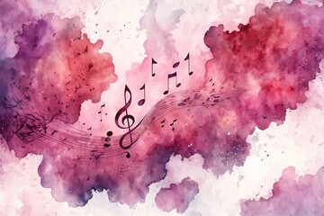 Red abstract pattern clouds with music notes floating in air. The background has a painted watercolor paper texture, giving it a unique and organic feel, ai