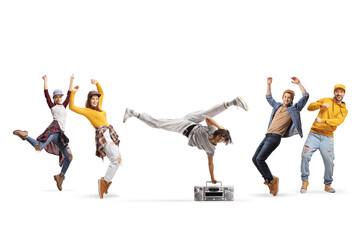 African american guy performing handstand with a boombox and other people dancing
