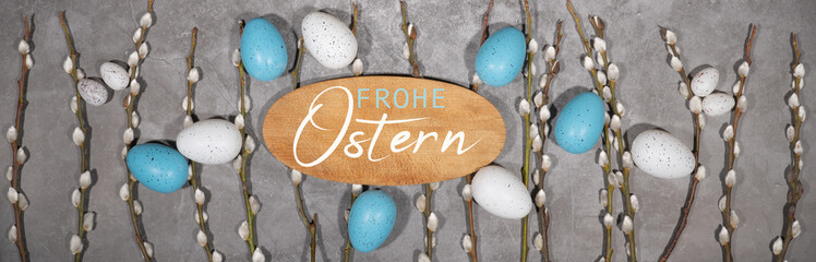 Frohe Ostern Feier Feiertage Hintergrund mit deutschem Text - Weisse und türkise Wachtel...