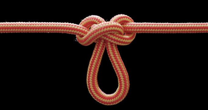 Alpine butterfly mountaineering knot loop details, isolated on black. Rope, climbing, marine.
