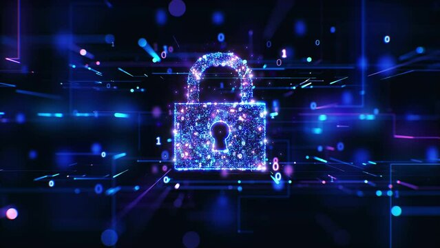 Digital Lock Icon in Cyberspace Blue Purple Illustration. Global Network Cybersecurity 3d Animation. Artificial Intelligence Data Web Protection System. Business Technology Crypto Security Concept.