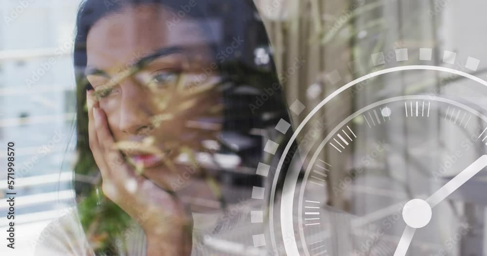 Canvas Prints Animation of moving clock and shapes over biracial woman