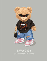 Naklejka na ściany i meble swaggy slogan with bear doll in street fashion oversized tee vector illustration