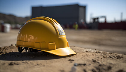 Yellow safety helmet construction site background Generative AI