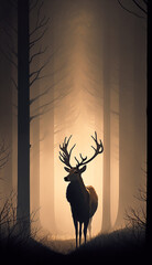 Big dark brown deer in the foggy morning forest - AI generative