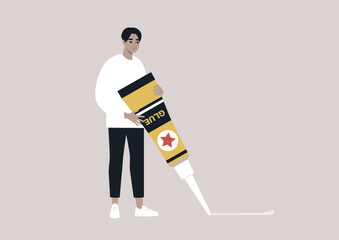 A young male Asian character holding a giant tube of glue