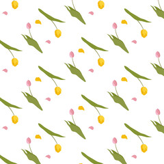 Seamless pattern. Tulips are yellow and pink. Wallpaper . seamless pattern with leaves