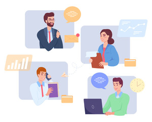 Fototapeta na wymiar Happy office co-workers collaborating on project remotely. Cartoon colleagues having video conference flat vector illustration. Teamwork, business, remote work, communication concept for banner