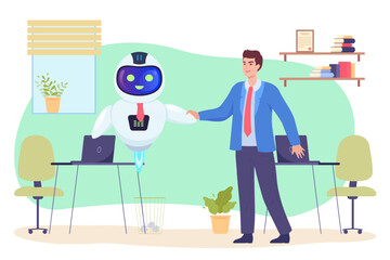 Male employee meeting robotic assistant in office. Businessman shaking hands with robot or cyborg flat vector illustration. Artificial intelligence, automation, technology, business concept for banner