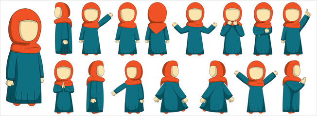 Obraz na płótnie Canvas Moslem girl character with emerald and orange outfit. Suitable for ramadhan graphic design elements and sticker pack. Moslem girl cartoon character.