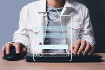 Male user using computer login account to online shopping website. username and password inputs on...