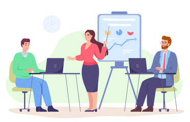 Female employee giving presentation on project to colleagues. Office co-workers collaborating flat vector illustration. Business, teamwork or cooperation concept for banner or website design