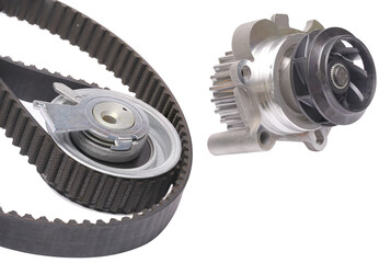 Close up repair kit: Timing belt with rollers, Tensioner pulley, Deflection pulley, Two rollers, Water pump and bolts on white background. Automobile spare part