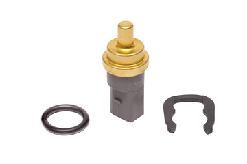 passenger car engine coolant temperature sensor, grey, isolated on white background.