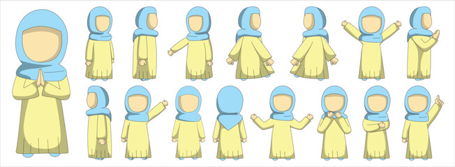 Moslem girl character with yellow and blue pastel outfit. Suitable for ramadhan graphic design elements and sticker pack. Moslem girl cartoon character.