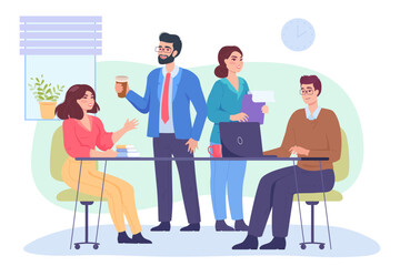 Happy male and female employees discussing project in office. Company co-workers collaborating during meeting flat vector illustration. Business, teamwork or cooperation concept for banner