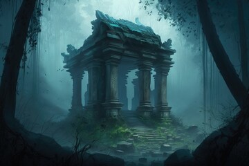 ancient temple hidden in a mysterious fog, surrounded by thick forests. AI generation.