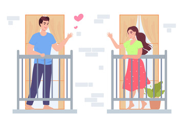 Boyfriend and girlfriend waving from balconies during quarantine. Cute cartoon couple meeting on balcony flat vector illustration. Romance or love, Valentines day, social isolation concept for banner