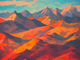 Colorful landscape of mountains painted with oil paints. Generative AI
