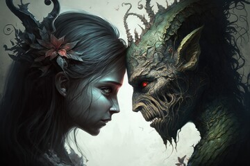 complex relationships between supernatural creatures and humans, from rivalries and alliances to forbidden love and unlikely friendships. AI generation.