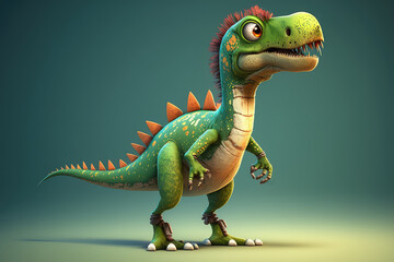 Fototapeta premium Green Tyrannosaurus. T. rex dinosaur cartoon character. Funny animal 3d illustration (ai generated)