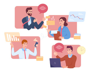 Angry colleagues arguing during video conference. Furious coworkers collaborating on project flat vector illustration. Teamwork, conflict, communication, remote work concept for banner, website design