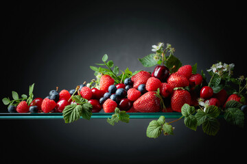 Berries closeup colorful assorted mix of strawberry, blueberry, raspberry and sweet cherry on a...