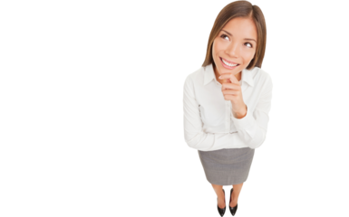 Thinking beautiful smiling business woman looking up isolated on white background in high angle view. Mixed race ethnic Asian Chinese / Caucasian businesswoman.
Isolated PNG file.