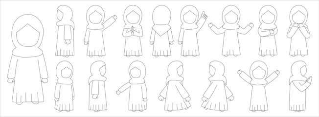 moslem girl sketch character set vector illustration. Suitable for graphic desgin elements and sticker pack