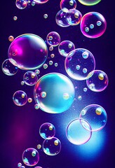 Pink and blue soap bubbles floating in the air abstract background. Glossy and shiny surface. Pink and blue soap bubbles pattern. Decorative AI generated realistic vertical interior poster.
