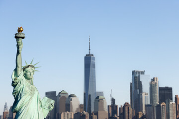 statue of liberty, New York panorama of Manhattan