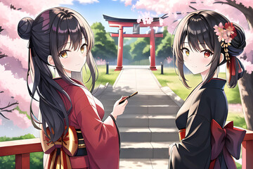 Shrine Visit - Two girls in kimono visit a shrine on a sunny day - Generative AI technology