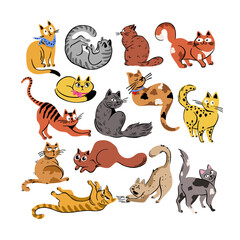 Obraz premium Cute and funny cats doodle set. Cartoon cat or kitten characters design collection with flat color in different poses
