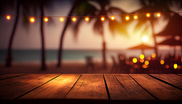 Empty wooden table top product display showcase stage. Tropical summer sunset beach bar background. Generative ai
