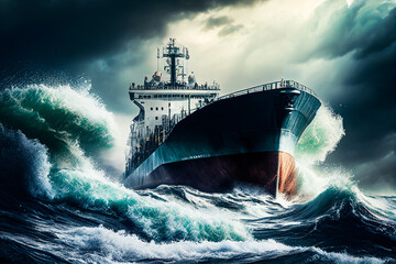 Create a dramatic image of an oil tanker ship battling rough seas and stormy weather, conveying the dangers and challenges of transporting oil across the ocean Generative AI