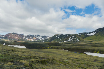 View of amazing landscape in Iceland while trekking famous Laugavegur trail