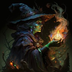 Fototapeta na wymiar wicked witch casting spells of terror, fantasy art, AI generation.