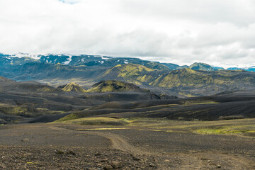 View of amazing landscape in Iceland while trekking famous Laugavegur trail