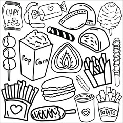 Food doodle icon vector illustration set, suitable for sticker pack, logo and graphic design elements.