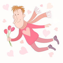 Love tenderness and care concept. Young smiling man cartoon character flying with a bouquet of flowers vector illustration.