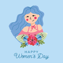 International Women's Day 8 march. Concept for a greeting card with a girl and flowers