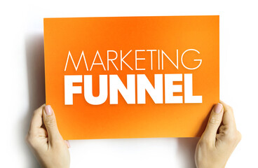 Marketing funnel - consumer-focused marketing model that illustrates the theoretical customer journey toward the purchase of a good or service, text on card concept background