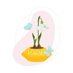 Flowers and buds of a snowdrop in a flowerpot with flying butterflies on an abstract background.Vector graphics.