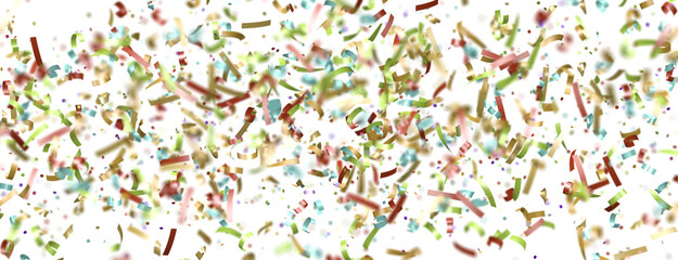 Multicolor confetti abstract background with a lot of falling pieces, isolated on a white background. Festive decorative tinsel element for design