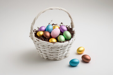 Fototapeta premium Metallic, Shiny Easter eggs in a white Wicker basket, Spring decorations, on an infinite white background