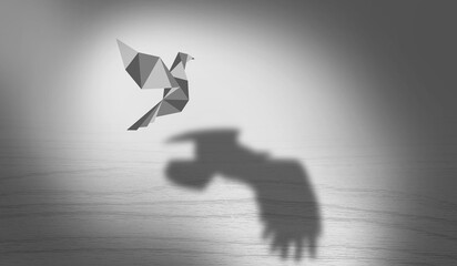 Flying Paper Dove with realistic Eagle Shadow. Business Concept of Dreams and Ambition. Creative Idea of Bird Imagination and Dreaming to become free and better.  Vision real wings Power  - obrazy, fototapety, plakaty