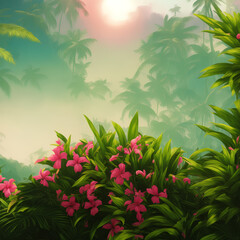 Landscape of a tropical island with palm trees and flowers, 80s retro style. Generative AI